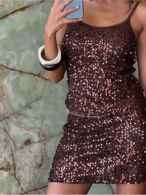 new 12th tribe Brown Mocha sequin cami top and skirt set